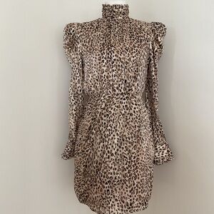 Aqua Leopard Print Puff-Sleeve Turtleneck Cocktail Dress